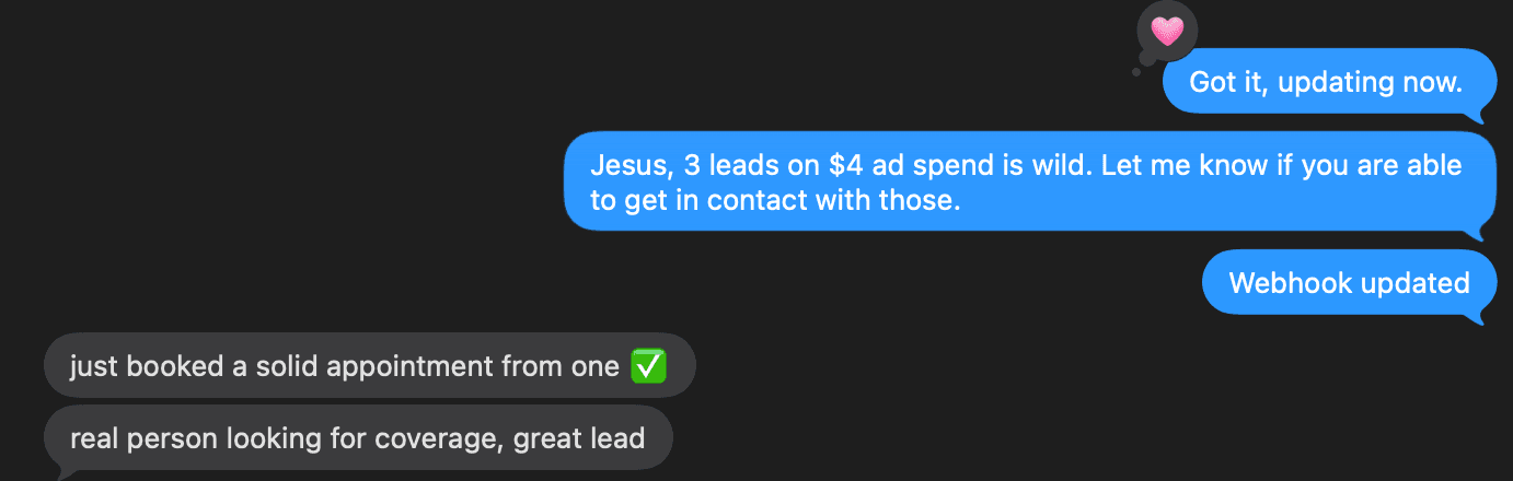 Client text: just booked a solid appointment from one. Real person looking for coverage, great lead